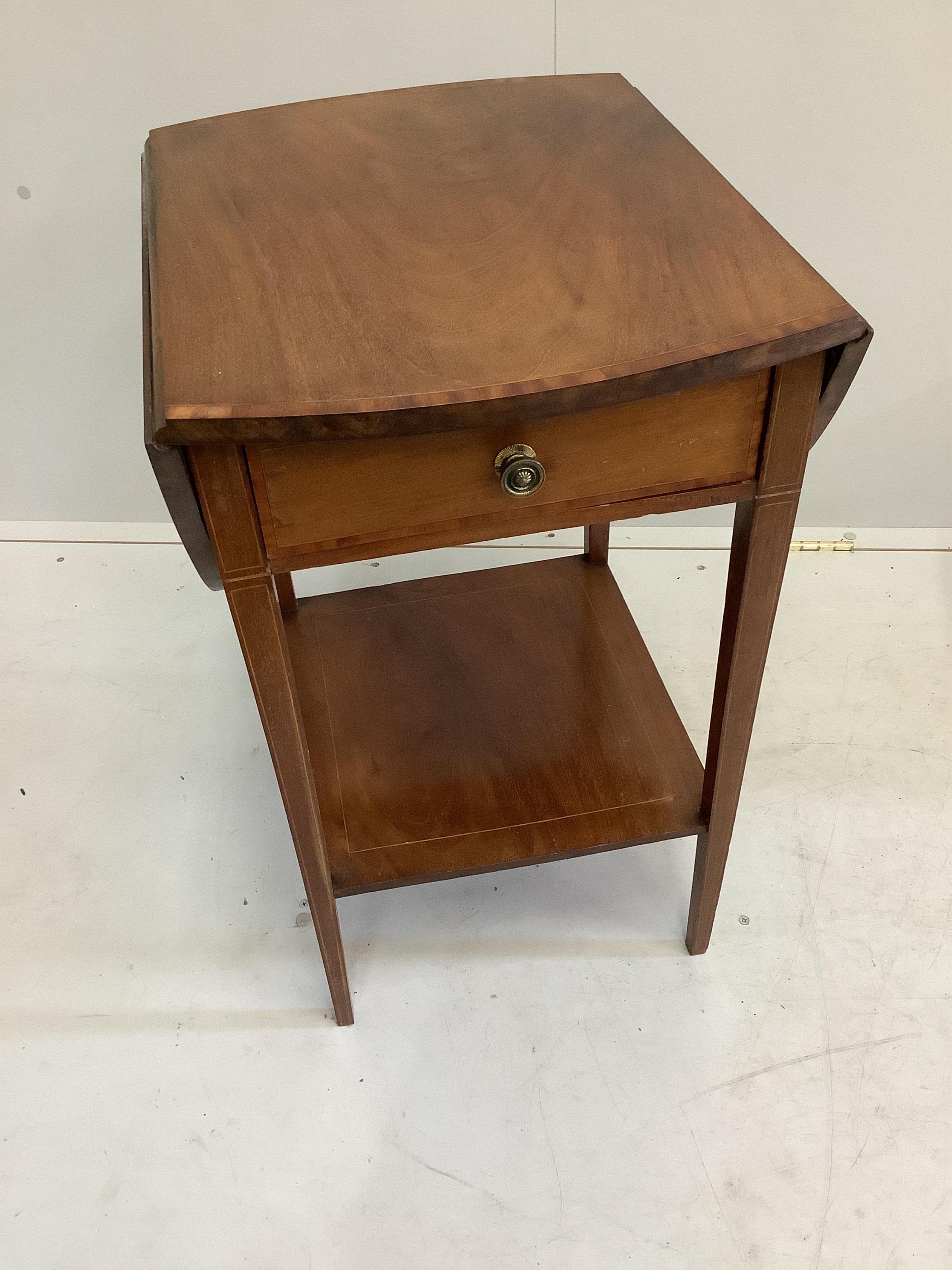 An Edwardian satinwood banded mahogany drop flap two tier occasional table, width 40cm, depth 48cm, height 66cm